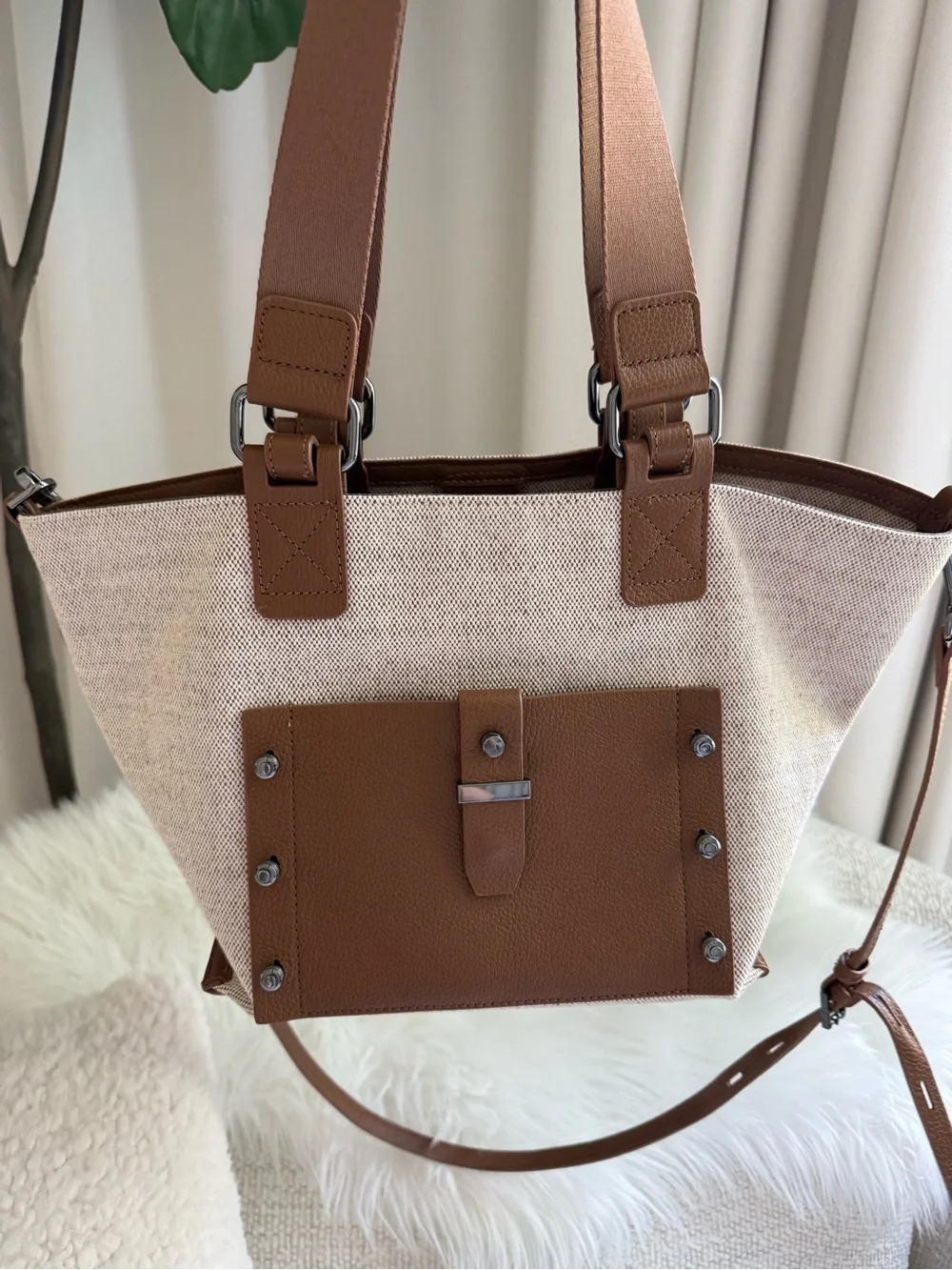 Botkier Beige Canvas Tote with Brown Leather Trim